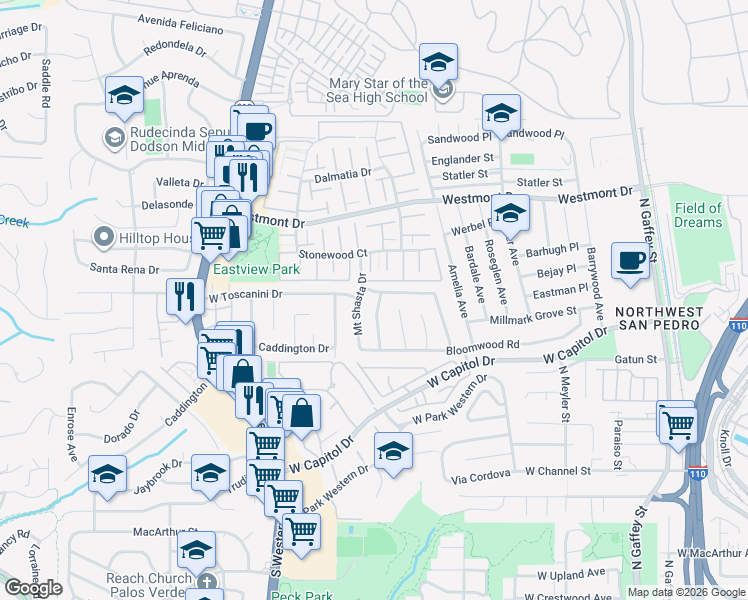 map of restaurants, bars, coffee shops, grocery stores, and more near 28609 Mount Rushmore Road in Rancho Palos Verdes