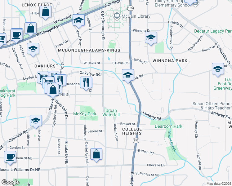 map of restaurants, bars, coffee shops, grocery stores, and more near 101 Oakhurst Terrace in Decatur