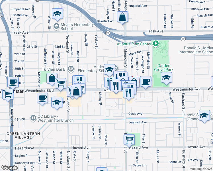 map of restaurants, bars, coffee shops, grocery stores, and more near 13946 Sandy Way in Garden Grove