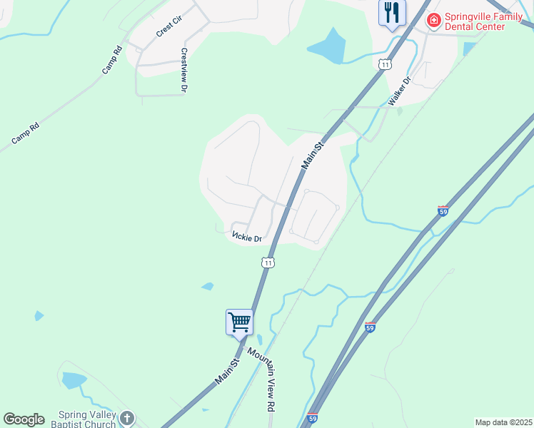 map of restaurants, bars, coffee shops, grocery stores, and more near 46 Vickie Drive in Springville
