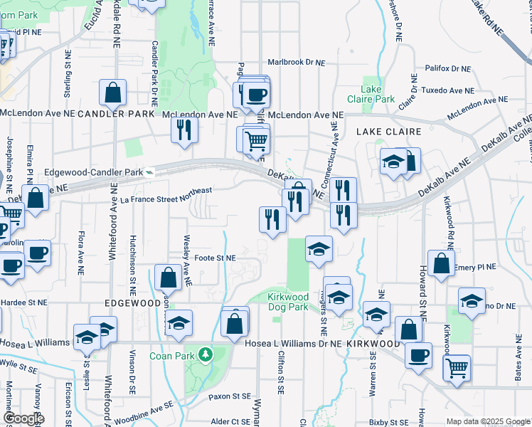 map of restaurants, bars, coffee shops, grocery stores, and more near 1665 La France Street Northeast in Atlanta