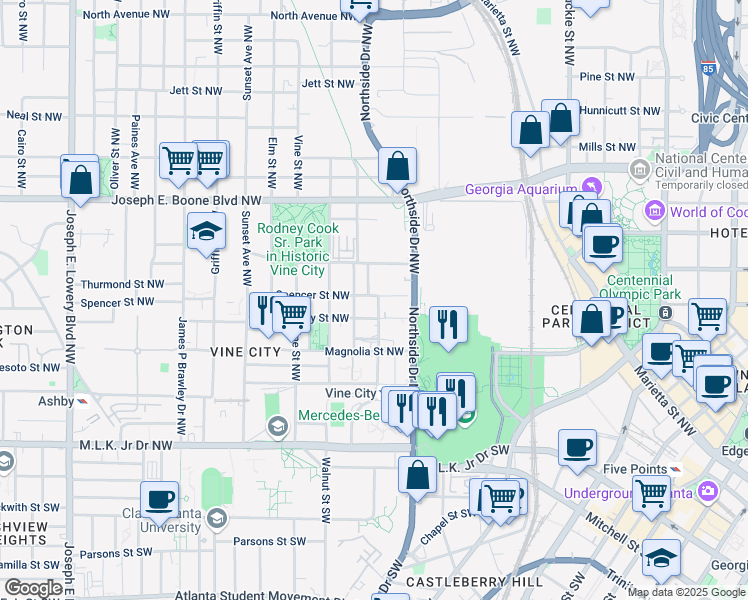 map of restaurants, bars, coffee shops, grocery stores, and more near 192 Electric Avenue Northwest in Atlanta