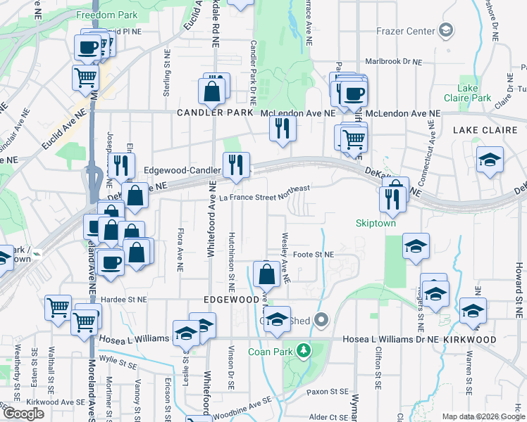 map of restaurants, bars, coffee shops, grocery stores, and more near in Atlanta