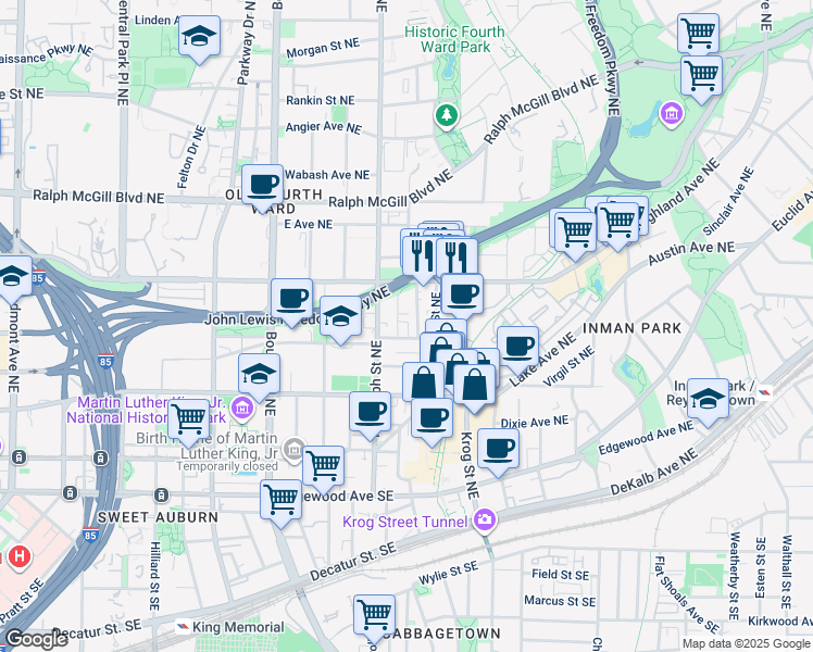 map of restaurants, bars, coffee shops, grocery stores, and more near 630 John Wesley Dobbs Avenue Northeast in Atlanta