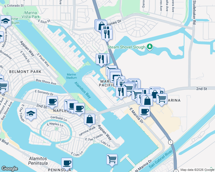 map of restaurants, bars, coffee shops, grocery stores, and more near 6217 Marina Pacifica Drive South in Long Beach