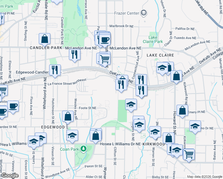 map of restaurants, bars, coffee shops, grocery stores, and more near 1661 La France Street Northeast in Atlanta