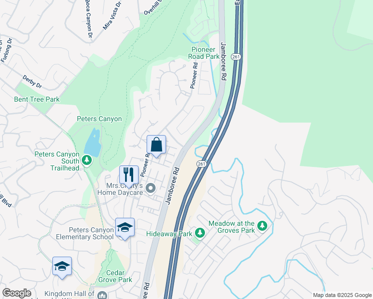 map of restaurants, bars, coffee shops, grocery stores, and more near Patriot Way & Jamboree Rd in Tustin