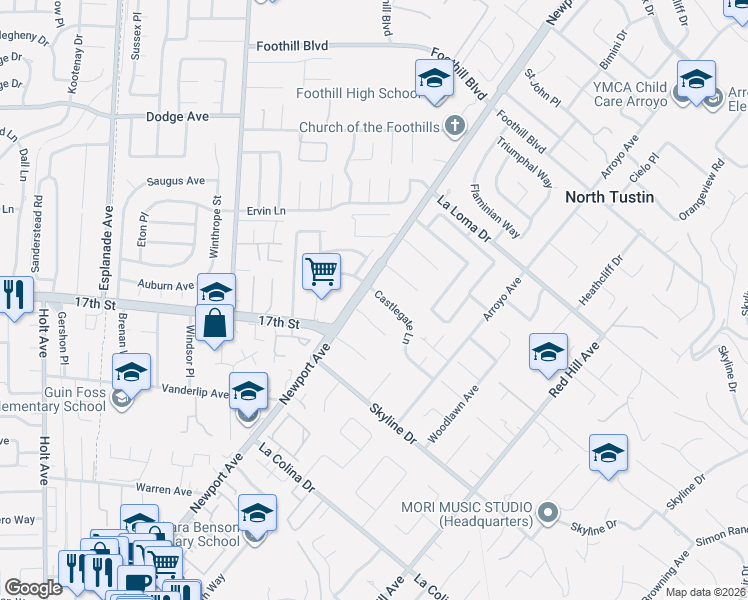 map of restaurants, bars, coffee shops, grocery stores, and more near 1042 Tropic Lane in Santa Ana