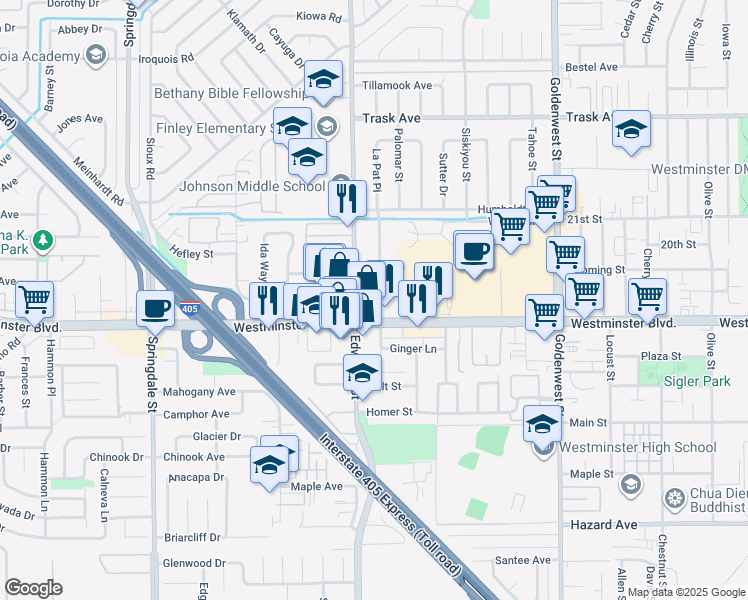 map of restaurants, bars, coffee shops, grocery stores, and more near 13896 Edwards Street in Westminster