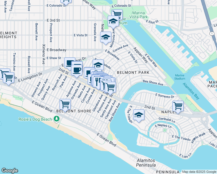 map of restaurants, bars, coffee shops, grocery stores, and more near 220 La Verne Avenue in Long Beach