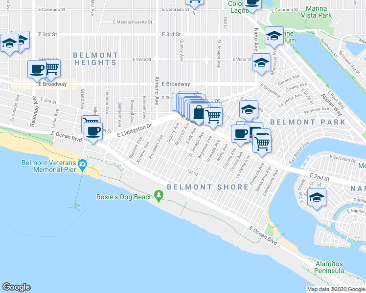 map of restaurants, bars, coffee shops, grocery stores, and more near 149 Roycroft Avenue in Long Beach