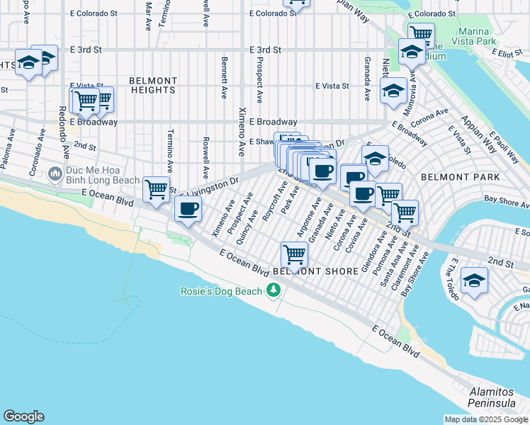 map of restaurants, bars, coffee shops, grocery stores, and more near 149 Roycroft Avenue in Long Beach