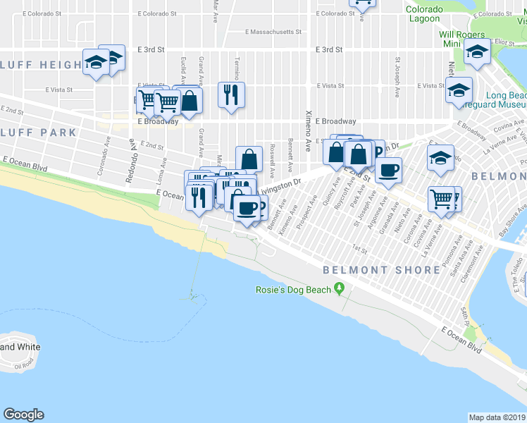 map of restaurants, bars, coffee shops, grocery stores, and more near 130 East 1st Street in Long Beach