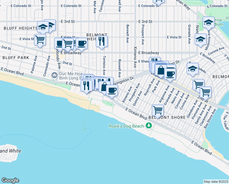 map of restaurants, bars, coffee shops, grocery stores, and more near 130 East 1st Street in Long Beach