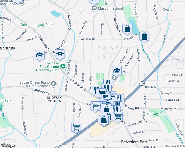 map of restaurants, bars, coffee shops, grocery stores, and more near 1170 Forrest Boulevard in Decatur