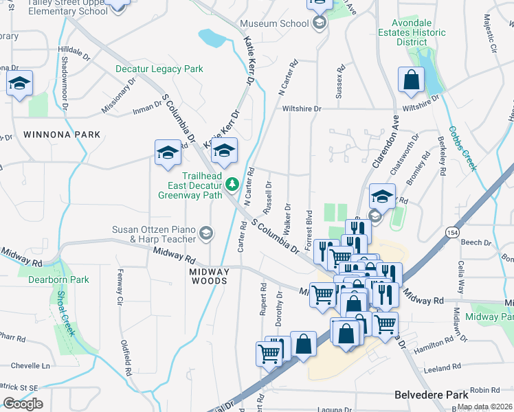 map of restaurants, bars, coffee shops, grocery stores, and more near 1195 Russell Drive in Decatur