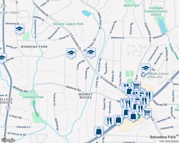 map of restaurants, bars, coffee shops, grocery stores, and more near 1186 Thomas Road in Decatur