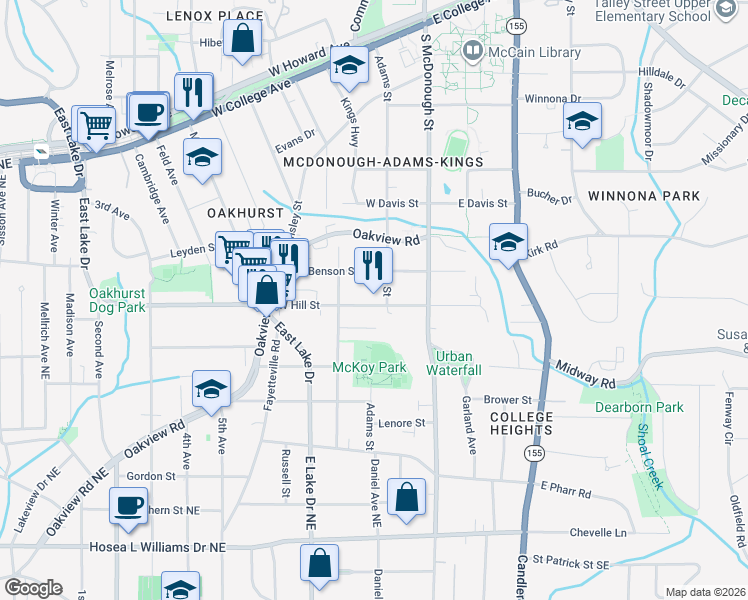 map of restaurants, bars, coffee shops, grocery stores, and more near 206 West Benson Street in Decatur