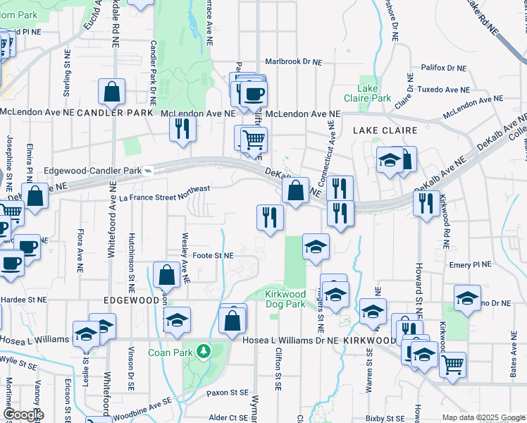 map of restaurants, bars, coffee shops, grocery stores, and more near 1665 La France Street Northeast in Atlanta