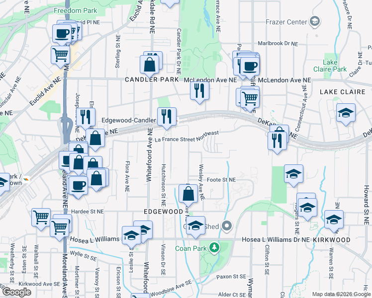 map of restaurants, bars, coffee shops, grocery stores, and more near in Atlanta