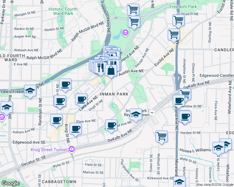 map of restaurants, bars, coffee shops, grocery stores, and more near 926 Waverly Way Northeast in Atlanta