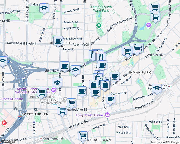 map of restaurants, bars, coffee shops, grocery stores, and more near 630 John Wesley Dobbs Avenue Northeast in Atlanta