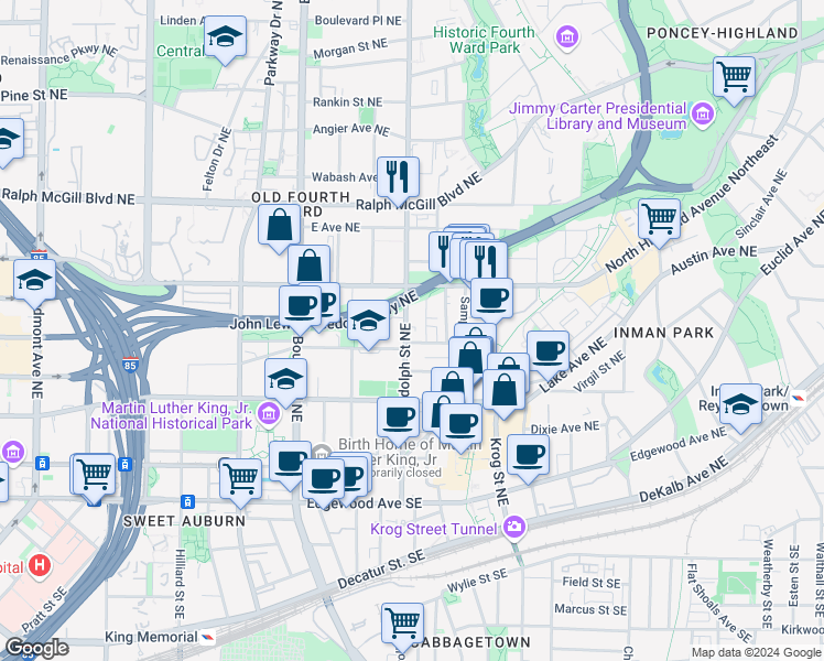 map of restaurants, bars, coffee shops, grocery stores, and more near 223 Randolph Street Northeast in Atlanta
