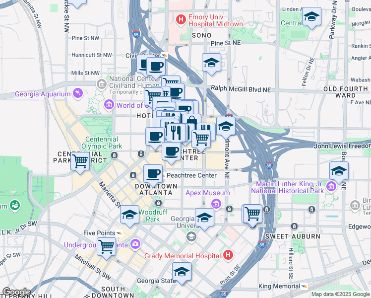 map of restaurants, bars, coffee shops, grocery stores, and more near 221 Ivy Street Northeast in Atlanta