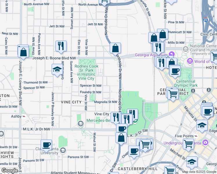 map of restaurants, bars, coffee shops, grocery stores, and more near 192 Electric Avenue Northwest in Atlanta