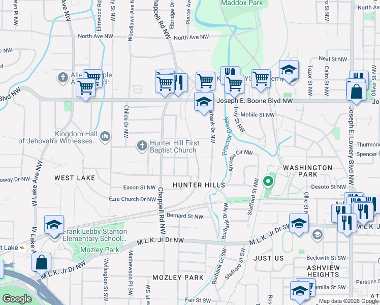 map of restaurants, bars, coffee shops, grocery stores, and more near 1306 Andrews Street Northwest in Atlanta