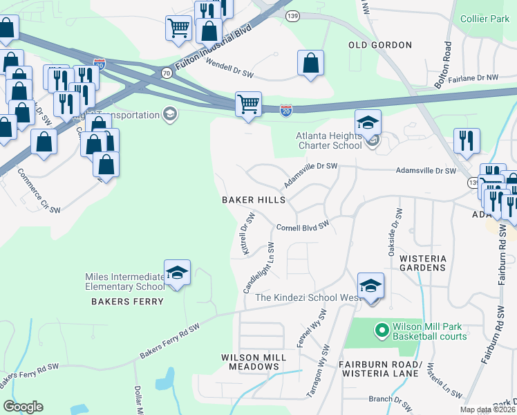 map of restaurants, bars, coffee shops, grocery stores, and more near 4069 Cornell Boulevard Southwest in Atlanta