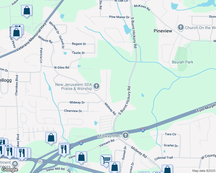 map of restaurants, bars, coffee shops, grocery stores, and more near 1670 Nutmeg Street in Douglasville