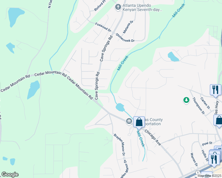 map of restaurants, bars, coffee shops, grocery stores, and more near 8072 Crystal Lane in Douglasville