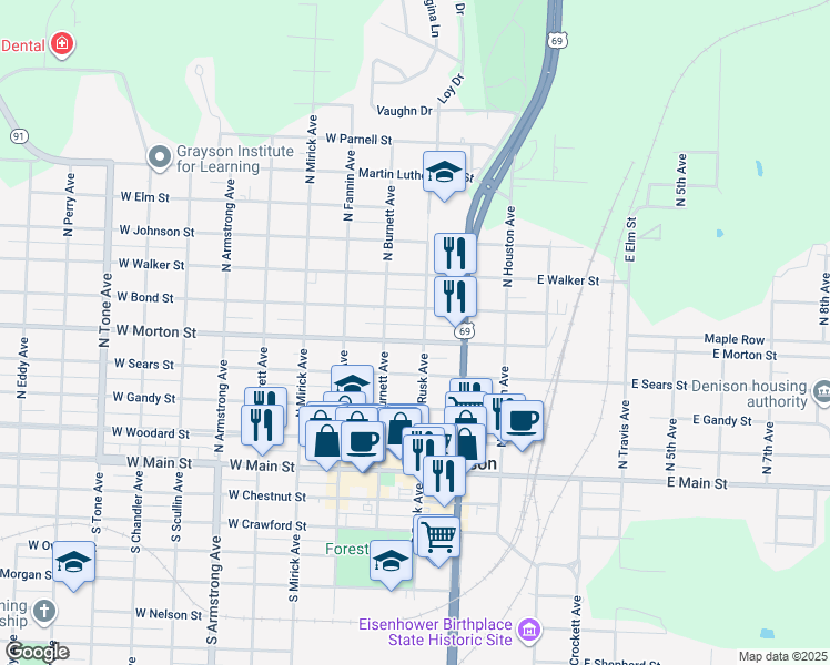 map of restaurants, bars, coffee shops, grocery stores, and more near 515 North Rusk Avenue in Denison