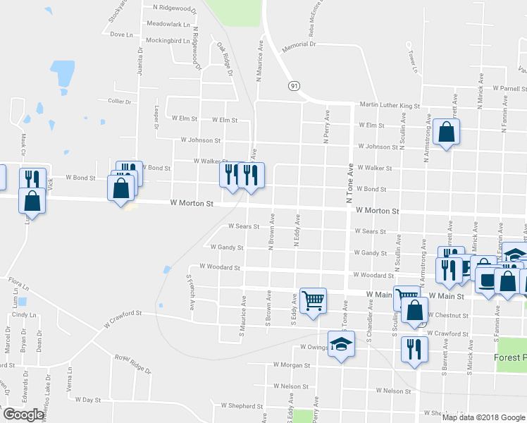map of restaurants, bars, coffee shops, grocery stores, and more near 1431 West Morton Street in Denison