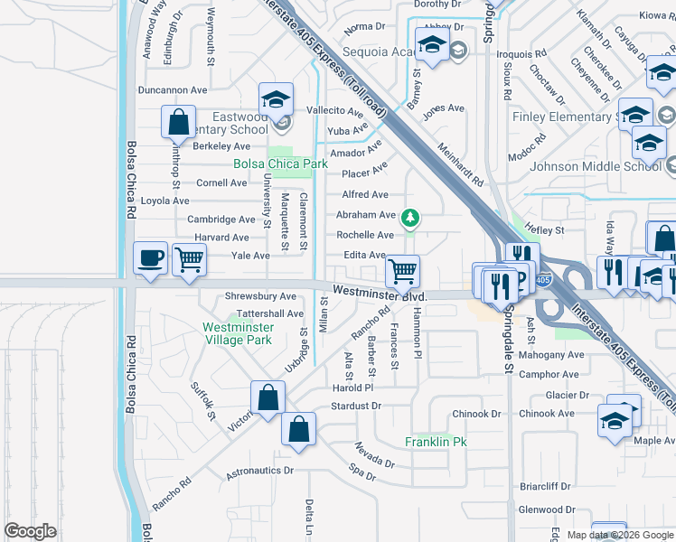 map of restaurants, bars, coffee shops, grocery stores, and more near 5566 Aldershot Walk in Westminster