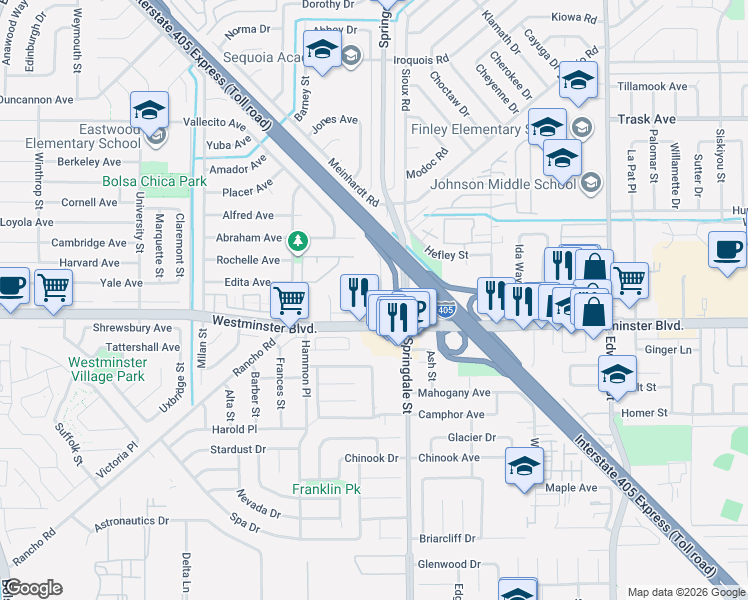 map of restaurants, bars, coffee shops, grocery stores, and more near 13911 Sherwood Place in Westminster