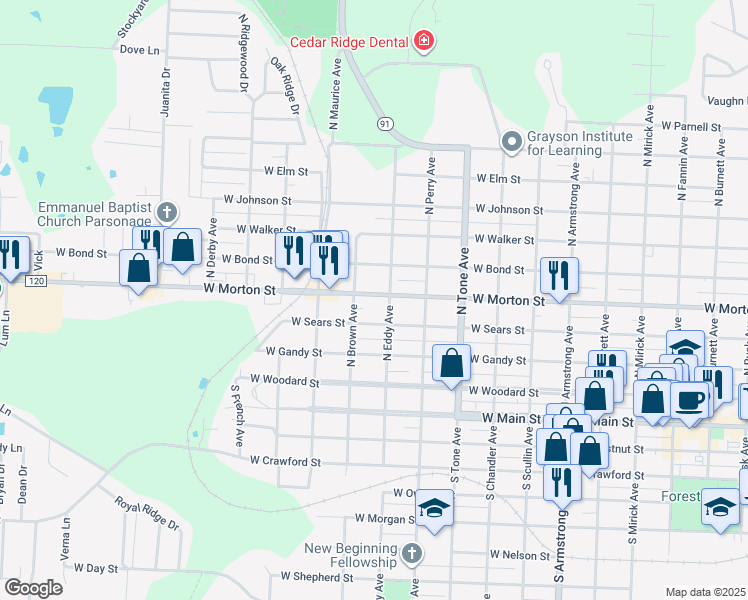 map of restaurants, bars, coffee shops, grocery stores, and more near 1314 West Morton Street in Denison