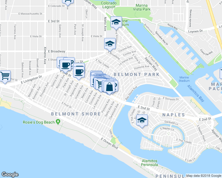 map of restaurants, bars, coffee shops, grocery stores, and more near 2 Glendora Avenue in Long Beach
