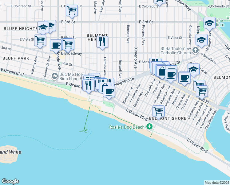 map of restaurants, bars, coffee shops, grocery stores, and more near 41 Roswell Avenue in Long Beach