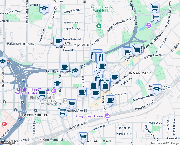 map of restaurants, bars, coffee shops, grocery stores, and more near 630 John Wesley Dobbs Avenue Northeast in Atlanta