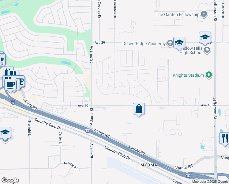 map of restaurants, bars, coffee shops, grocery stores, and more near 73764 Picasso Court in Indio