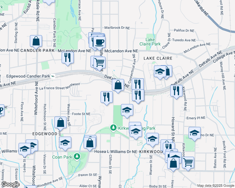 map of restaurants, bars, coffee shops, grocery stores, and more near 283 Rogers Street Northeast in Atlanta