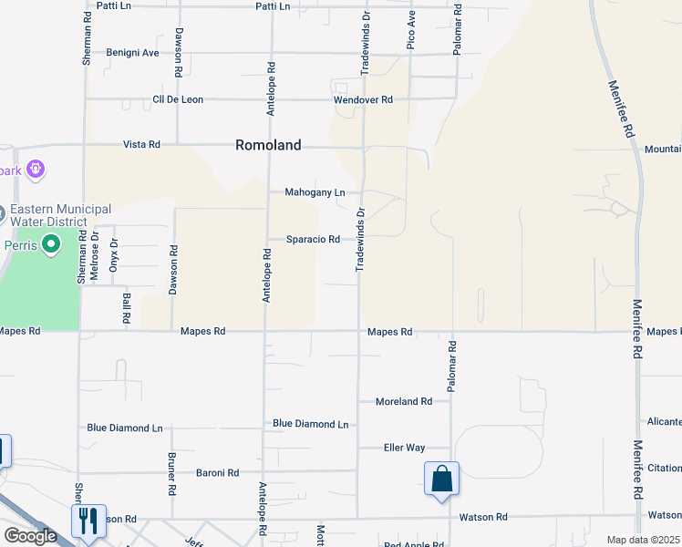 map of restaurants, bars, coffee shops, grocery stores, and more near Tower View Court in Romoland