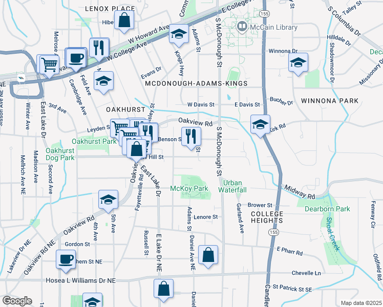 map of restaurants, bars, coffee shops, grocery stores, and more near 206 West Benson Street in Decatur