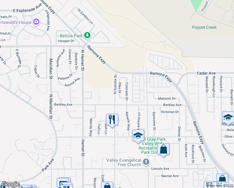 map of restaurants, bars, coffee shops, grocery stores, and more near 759 Pike Drive in Hemet