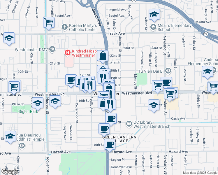 map of restaurants, bars, coffee shops, grocery stores, and more near 13950 Beach Boulevard in Westminster
