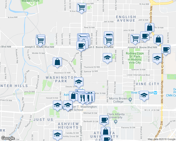 map of restaurants, bars, coffee shops, grocery stores, and more near 879 Spencer Street Northwest in Atlanta