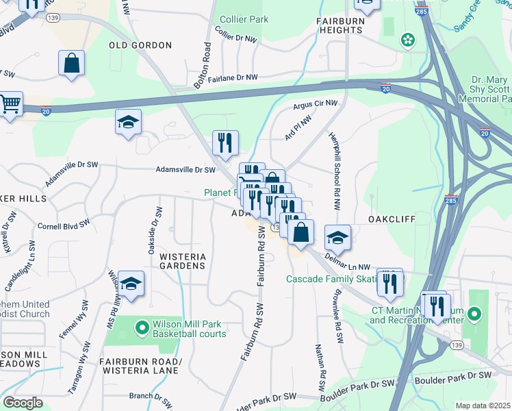 map of restaurants, bars, coffee shops, grocery stores, and more near Martin Luther King Jr Dr SW & Fairburn Rd in Atlanta
