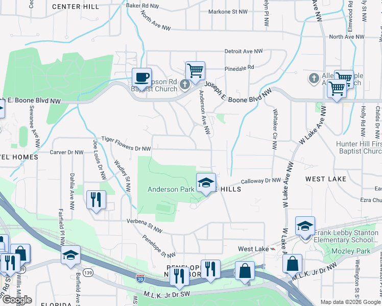map of restaurants, bars, coffee shops, grocery stores, and more near 1982 Tiger Flowers Drive Northwest in Atlanta
